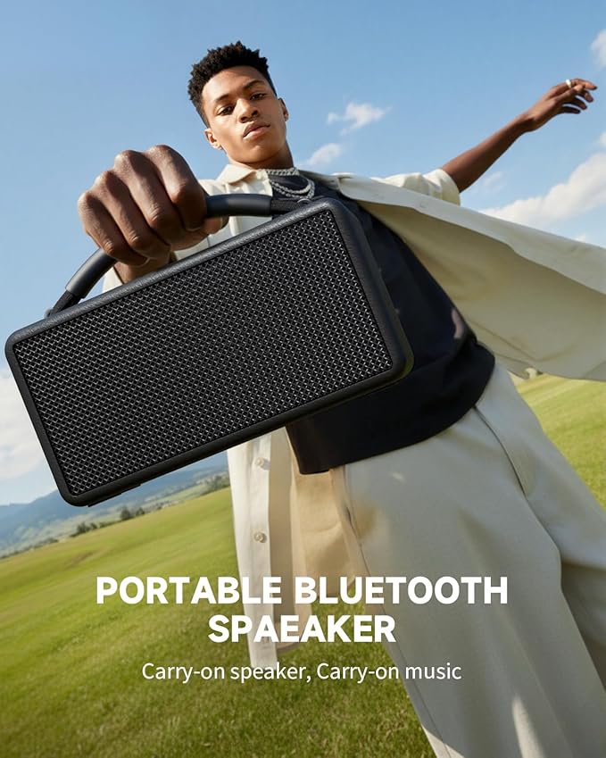 DINDIN Portable Bluetooth Speaker: 80W (Peak), 20H Playtime, Loud Wireless Wood Speakers with Bass, AUX and USB Input, Subwoofer, TWS Pairing, Vintage Speaker for Outdoor, Home, Office (Black)