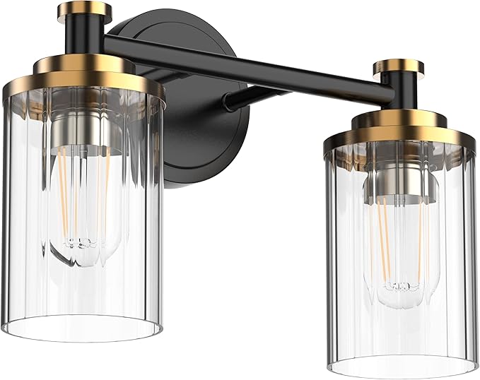 PHIXART Bathroom Lighting Fixtures Black and Gold Bathroom Vanity Light with Cylindrical Clear Stripes Glass Lampshade E26 Socket Base Bathroom Lighting Fixtures Over Mirror (2 Lights)