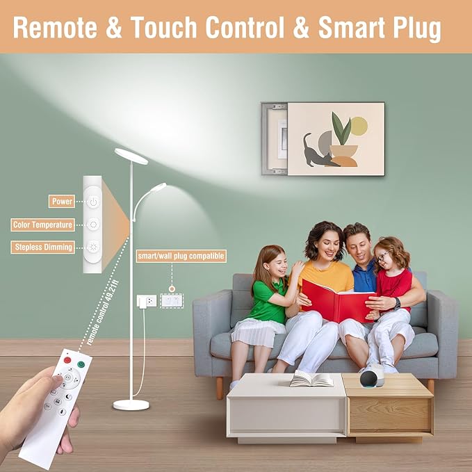 marctronic White Floor Lamp, 42W 4000LM Super Bright LED Room Lamp with Adjustable Reading Light,Dimmable Modern Standing Lamp with Remote & Touch Control for Room Bedroom Office Floor Light