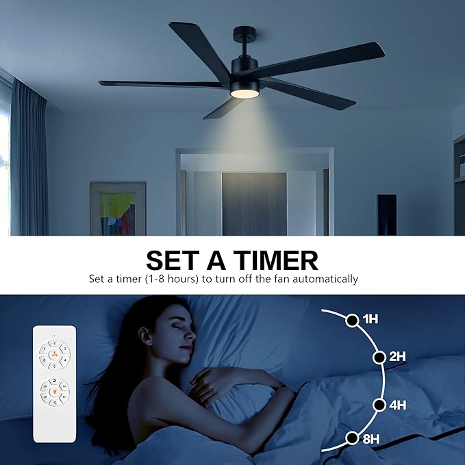 WINGBO 64" DC Ceiling Fan with Lights, 5 Carved Solid Wood Blades, 6-Speed Reversible DC Motor, Matte Black Finish Ceiling Fan with Remote, Black