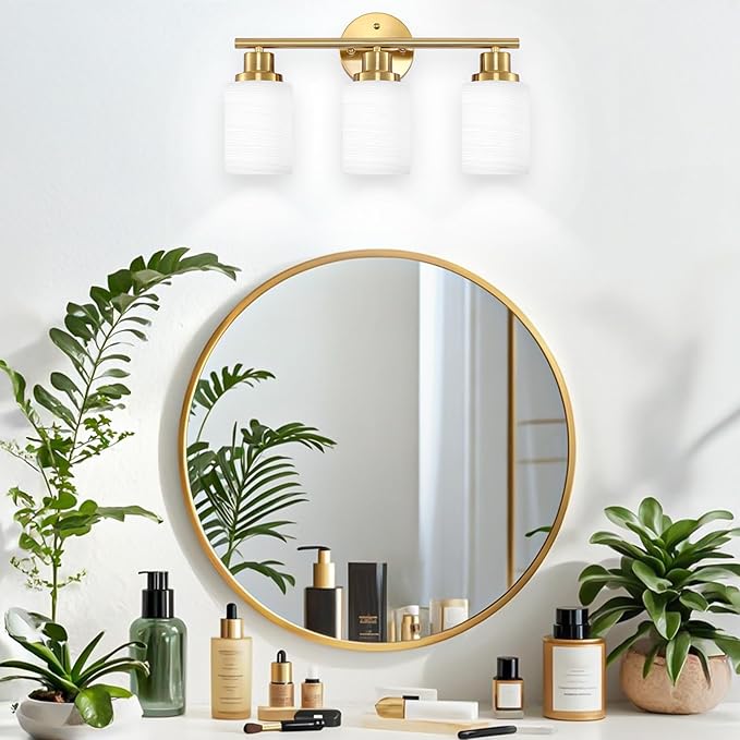 Guliaofo 3-Light Bathroom Light Fixtures, Vanity Lights for Mirror with Textured Milky White Glass Shade, Modern Kitchen Light Fixtures Wall Sconce Light - E26 Base - Brushed Gold