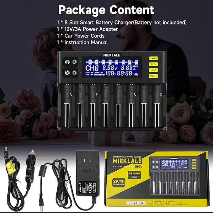 18650 Battery Charger, MIEKLALE 8+2 Bays Smart Universal Battery Charger with LCD Display for Rechargeable Batteries Li-ion LiFePO4 RCR123 16340 26650 10440 14500 & 9V, NiMH NiCd AAA AA(8+2Slots)