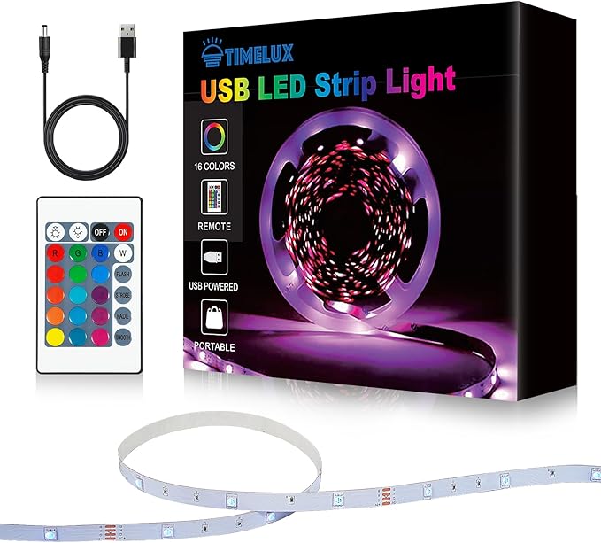 Timelux USB 32.8ft LED Strip Lights Color Changing LED Tape Lights with IR Remote Controller and Dimmable LED Strip for Bedroom Cabinet Bar
