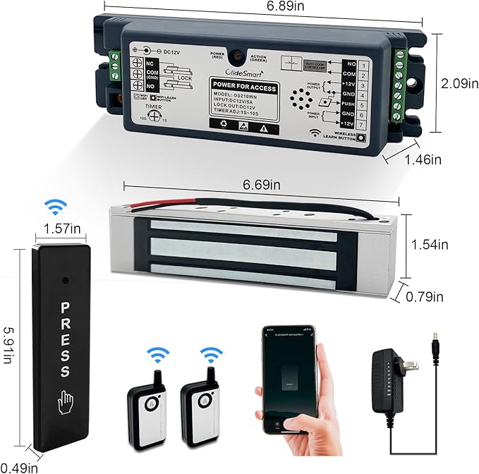 2.4GHz WiFi Access Control 400lb Holding Force Electic Magnetic Door Lock System Kit with Remote and Smartphone app Control, paired with Wireless Slim Push Switch (Electric Magnetic Lock kit)