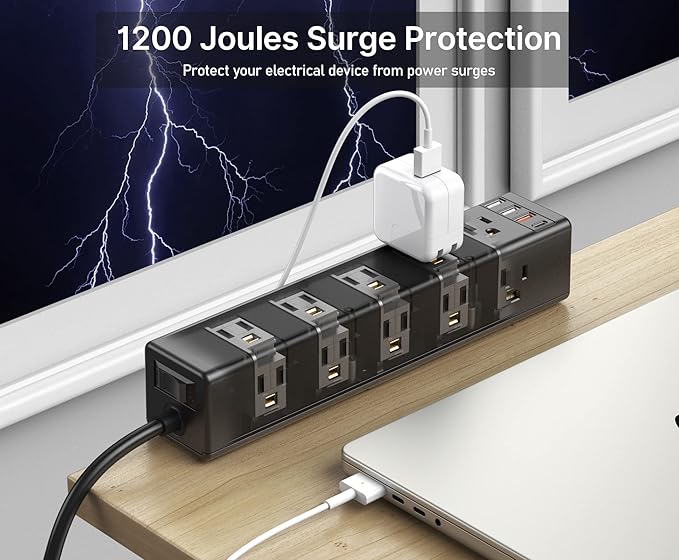 CCCEI Standing Desk Clamp Power Strip with 15 Outlets, Widely Spaced Desktop Edge Mount Surge Protector Outlet, Fast Charging USB-A and USB-C Ports, 10 FT Flat Plug, Fit 1.6 inch Table top. Black