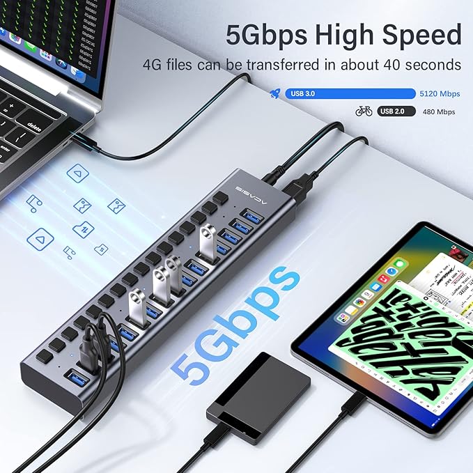 Powered USB 3.0 Hub, ACASIS 16 Ports USB 3.0 Hub with 5Gbps Data Speed，Aluminum Housing, USB Hub Powered with 90W Power Adapter, USB Hub for PC/Laptop, Computer, Flash Drive, Printer, Camera