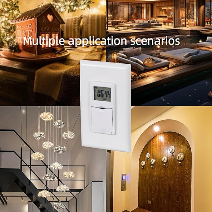 in Wall Digital Timer Switch, Indoor 7 Day Light Switch timers, 125V,15A Programmable Switch Timer for Lights, Fans, Motors, Neutral Wire Required, 7 ON/Off Settings,ETL Listed