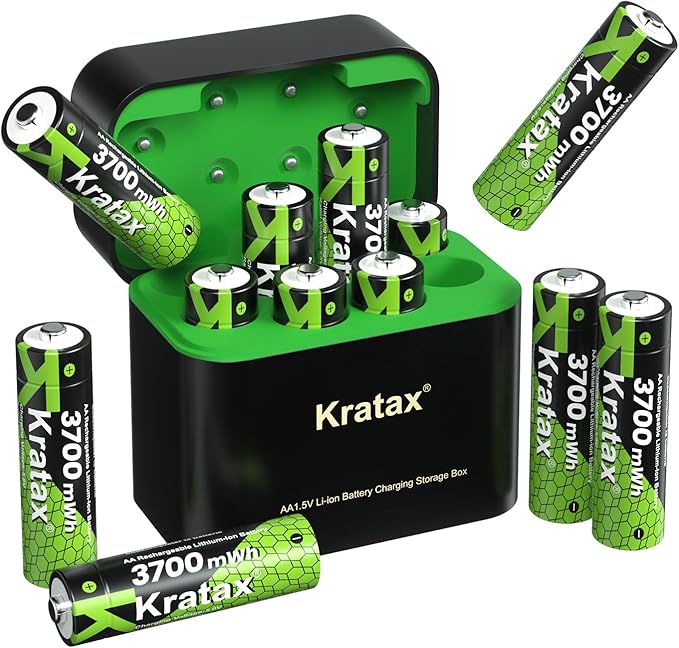 Kratax 12 Count 3700mWh AA Rechargeable Lithium Batteries with Battery Charger, High Capacity Double A li-ion Batteries 1.5v, Long Lasting, Charging Storage Box with AA Lithium Battery Rechargeable