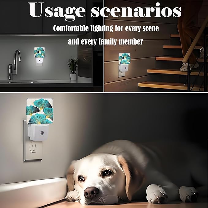 FSHVQKD Green Ginkgo Leaves Night Light,Plug Into Wall Decor for Stairway,Hallway,Kitchen,Dusk to Dawn Sensor Nightlights for Boys/Girls/Women/Men Room Gifts