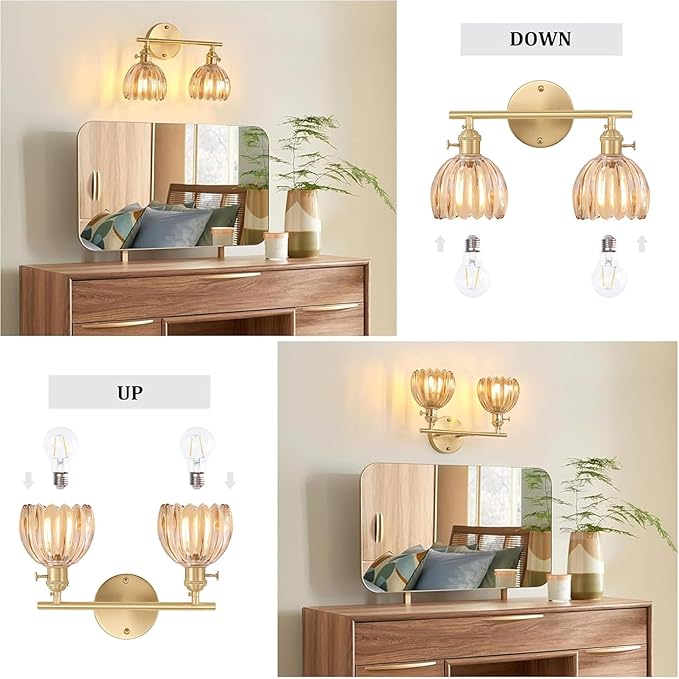 Shenmoyl Bathroom Light Fixtures, 2-Light Brass Vanity Wall Light Over Mirror with Amber Tulip Glass Shade for Bedroom Living Room (Bulb Not Included)
