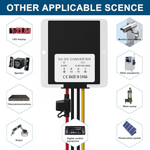 DC Voltage Reducer Converter DC 8V-40V to 13.8V 10A 138W Automatic Step Down Up Voltage Regulator Power Converter Waterproof Module Transformer for Golf Cart Club Car and Vehicle-Mounted Equipment