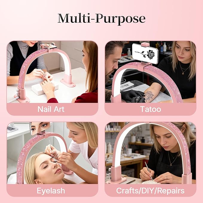 BLUVALL Half Moon Light for Nail Desk, Portable Nail Light for Desk with Phone Holder, Stepless Adjustment of Brightness and Color Temperature, Desk Lamp for Nail Tech, Eyelash, Tattoo, Makeup (Pink)