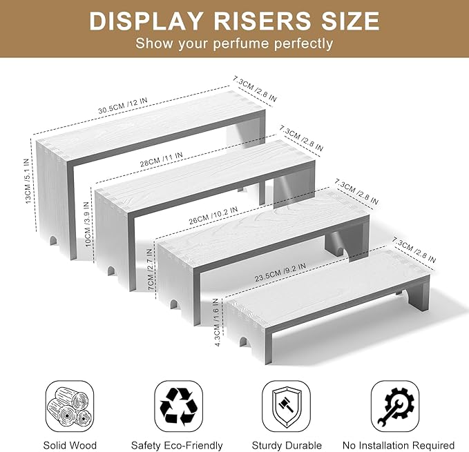 2 Set Large White Wooden Tiered Riser Display Stands for Vendor Events,Stackable Wooden Cupcake Stand,Farmhouse Decor Wood Dessert Table Display Set,Vendor Booth Display Items,Food Display Risers for Party（12-11.2-10.4-9.6IN）