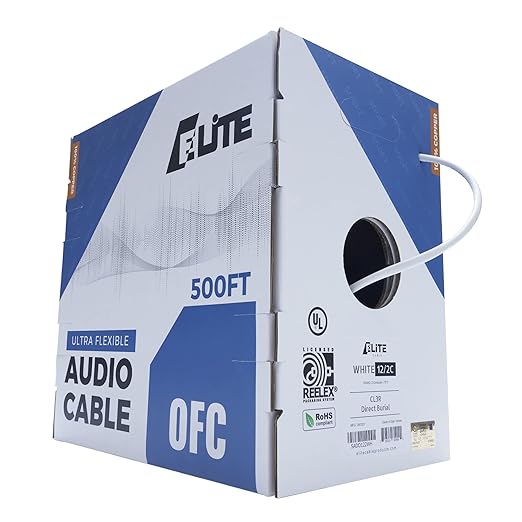 Elite 12/2 Speaker Wire, 12AWG/2-Conductor, UL Listed, CMR/CL3R, (Riser/in-Wall & Outdoor/In-Ground (Direct Burial)- 100% Oxygen Free Pure Bare Copper (OFC), 500ft Bulk Cable (65 Strands) White