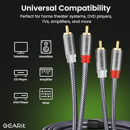 GEARit RCA Cable (3.3FT) 2RCA Male to 2RCA Male Stereo Audio Cables Shielded Braided RCA Stereo Cable for Home Theater, HDTV, Amplifiers, Hi-Fi Systems, Car Audio, Speakers, 3.3 Feet