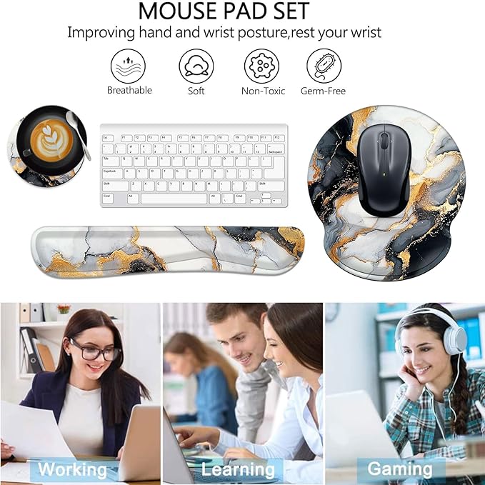 Keyboard Wrist Rest and Mouse Pad Wrist Support Set with Coasters,Non-Slip PU Base Ergonomic Gaming Mousepad for Home Office Working Studying Easy Typing & Pain Relief,Black Gold Marble