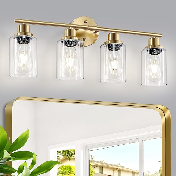 Guliaofo 4-Light Gold Bathroom Light Fixtures, E26 Modern Vanity Lights for Bathroom with Clear Glass Shade, Wall Lamps for Mirror Hallway Kitchen Cabinet Living Room Sconces Lights
