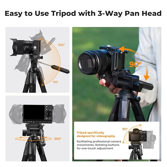 K&F CONCEPT Camera Tripod, 75" Lightweight Portable Travel Outdoor DSLR Tripods for Camera Phone Video Recording Tripod Stand, Cellphone Clip for Smartphone Live Streaming Vlog (Bronze Gold, 75'')