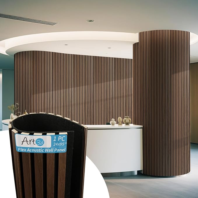 Art3d 1-Pack Acoustic Wood Slat Wall Panel with Roll-Flat Design - 95.3 x 23.8 Inch Sound Absorbing Panels for Living Room Columns Corridor Curved Wall Decor, Walnut