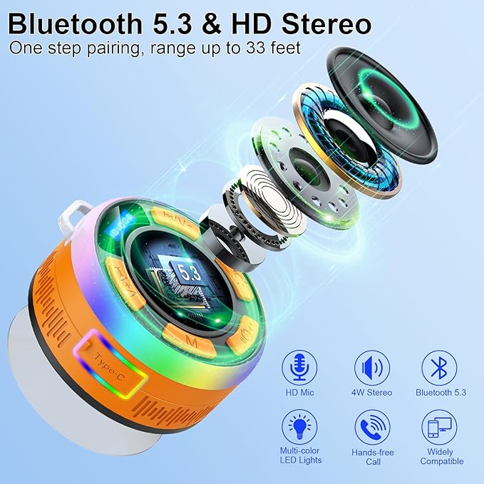 Shower Bluetooth Speaker IPX7 Waterproof, Portable Bluetooth Speakers with Suction Cup and Time Display, Crystal Sound&Bass LED Light 1100mAh, Wireless Shower Speaker for Outdoor/Kayak/Gifts Orange