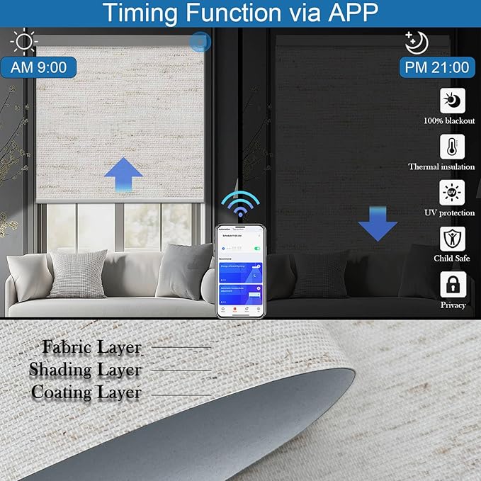COOLWINDS Motorized Blinds with Remote Cordless Automatic Motorized Shades Custom Blinds for Windows Smart Curtains Compatible with Alexa Google Home(Blackout Linen Sandy Beach,W62 x H72in)