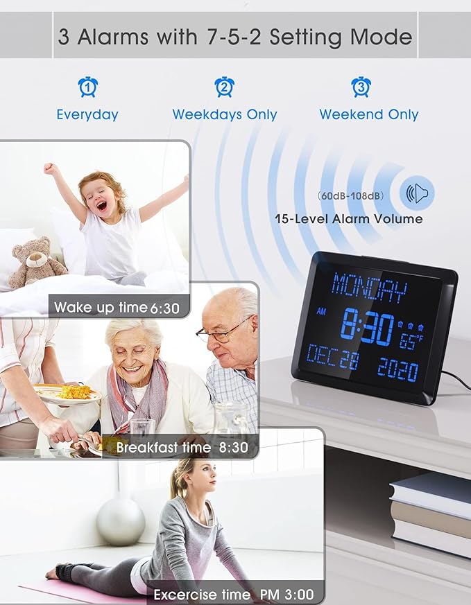 11.5" Large Display Digital Calendar Clock for Seniors, Digital Clock with Date and Day of Week for Elderly, 3 Alarms, 5 Dimmer, Temperature, Alarm Clock for Bedroom Living Room