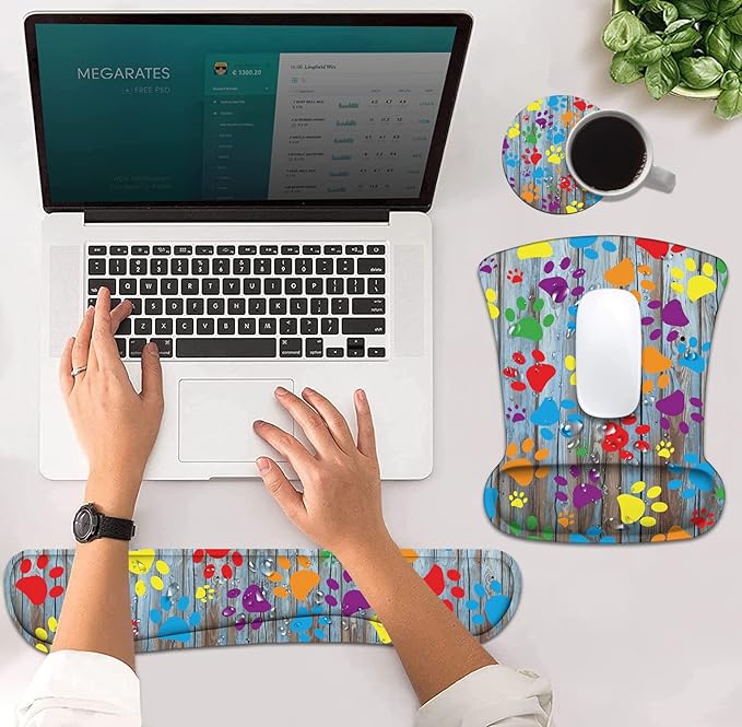 Ergonomic Mouse Pad Wrist Support and Keyboard Wrist Rest Set with Coasters, Non-Slip PU Base, Easy Typing & Relieve Wrist Pain for Home Office Working Studying, Rustic Wooden Board Colorful Paw Print