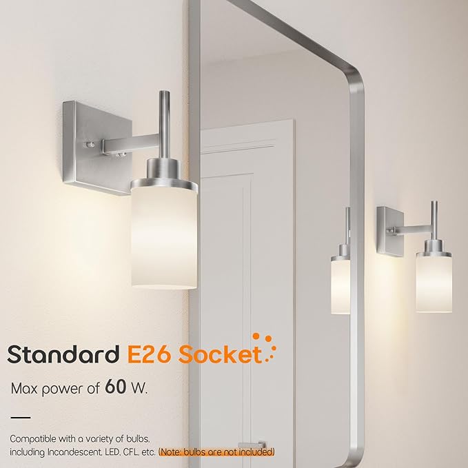 AONEON Bathroom Light Fixtures Brushed Nickel Vanity Lights with White Frosted Glass Shade, Wall Lamp for Mirror Kitchen Bedroom Porch, 2 Pack T001BR-L1-P2