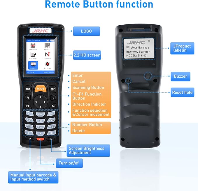 JRHC Wireless Barcode Scanner, Portable Inventory Scanner 1D 2D&PDF417 Data Collector Data Terminal Inventory Device with 2.4GHz Wireless & USB Wired Connection Bar QR Code Scanners