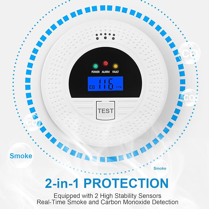 Smoke Alarm and CO Detector with LCD, Smoke Carbon Monoxide Detector with Loud 85dB, Battery Operated, Easy Setup