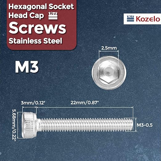Kozelo 40pcs Socket Head Cap Screws - [M3-0.5 x 22mm] 304 Stainless Steel Allen Socket Drive for Electrical Motor 3D Printing Fan Engine Replacement Use, Silver