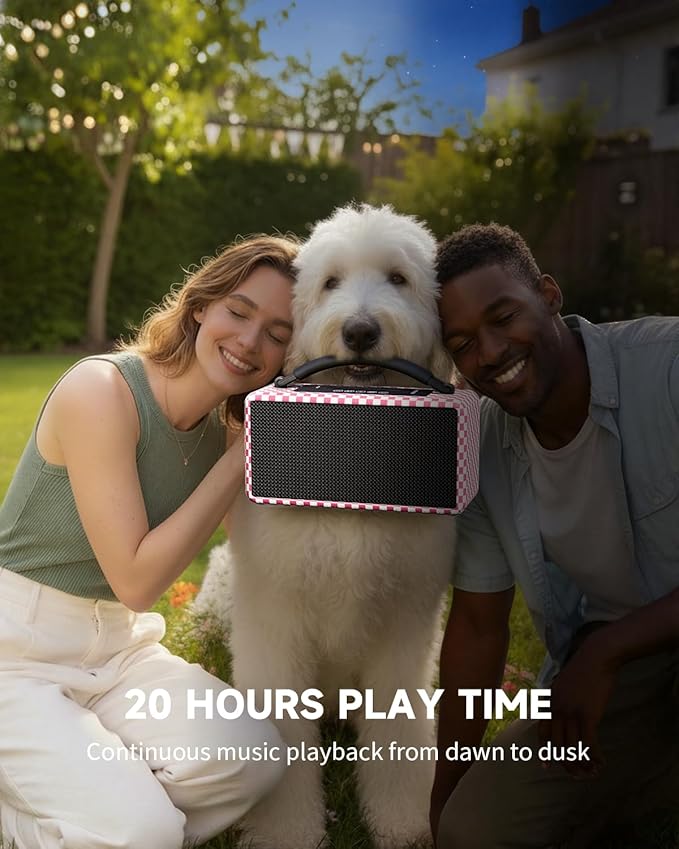 DINDIN Portable Bluetooth Speaker： 80W (Peak), 20H Playtime, Wireless Big Wood Boombox with Deep Bass, Subwoofer, TWS, Large, Loud Speaker for Party, Outdoor, Backyard, Beach, Home,Gift（Pink+White）