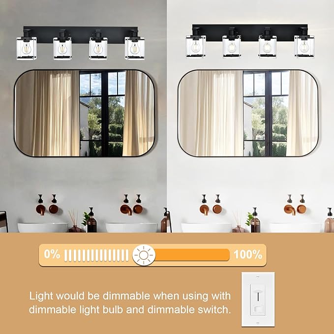 WINSHEN 4-Light Bathroom Vanity Light Fixture, Modern Black Wall Lighting Over Mirror with Rectangular Clear Glass, E26 Bulb Base