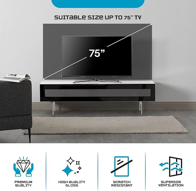SONOROUS ST-360 Premium TV Stand for Living Room – Modern TV Stands & Entertainment Center with Storage – White Wood & Black Glass Cover – Luxury Media Console with Metal Legs for TVs up to 75 inches