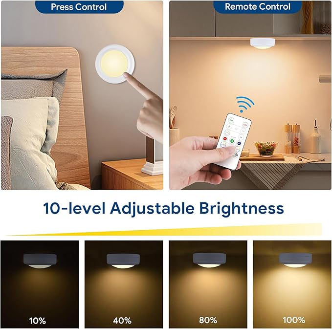Yiliaw 3 Pack LED Puck Lights Remote Control 16 Color Changeable Under Cabinet Lights, Battery Operated Lights Night Light with Dimmer & Timmer for Closet Bedroom Kitchen, White