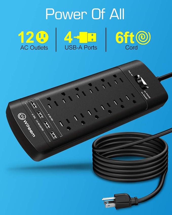 Witeem Surge Protector Power Strip - 12 Outlets,4 USB 6A Ports, 6Ft Extension Cord, 1875W/15A, 4360Joules, Overload Protection - Ideal for Home & Office Use (Black-USB6A)
