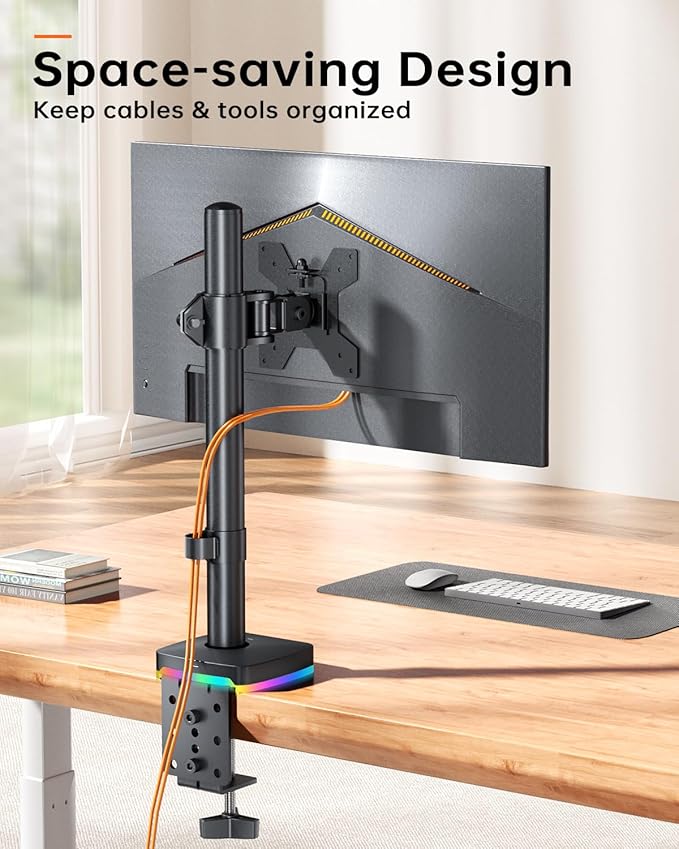 RGB Single Monitor Desk Mount, Monitor Arm with 3 USB Ports, Charging and USB Data Transfer Function, Desk Mount for 13"-27" Monitors up to 17.6lbs, Adjustable Height, Tilt, Swivel, Rotate