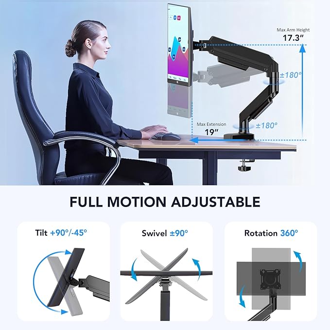 Single Monitor Arm, Monitor Mount for 17-32 inch Screens Gas Spring Adjustable Monitor Stand, Vesa Mount with Clamp and Grommet Aluminum Base - Fits 4.4 to 22lbs LCD Computer Monitors AX09DB01
