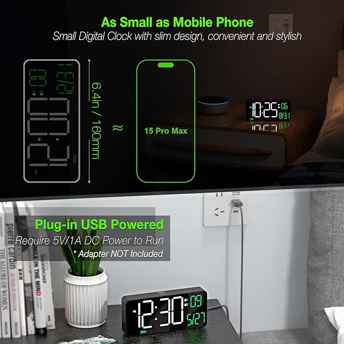 KOSUMOSU Digital Alarm Clocks for Bedrooms,6.7in Black Small Digital Clock for Bedroom, Auto Dimming,Date,Week,Seconds or Indoor Temperature,Desk Clocks for Living Room,LED Alarm Clock Calendar