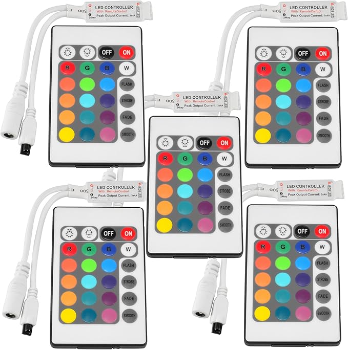 ABI Inline IR Controller with 24 Key Remote for 12V RGB LED Strip Light (5-Pack)