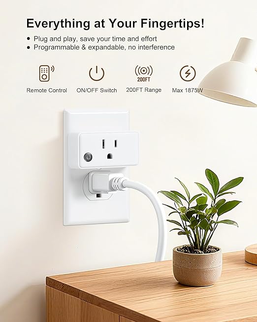 Wireless Remote Control Outlet with All On/Off Switch, 200FT RF Range, Mini Electrical Outlet Plug, 15A/1875W High-Power Switch for Christmas Lights, Fans, Household Appliances (3 Outlets + 1 Remote)
