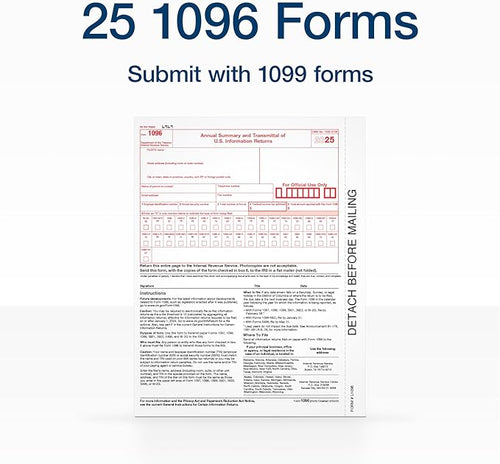 Adams 1096 Forms 2025, 1-Part Summary Transmittal Forms for 25 Recipients, Compatible with Inkjet & Laser Printers, 25 Sets per Pack, IRS Compliant (1017226)