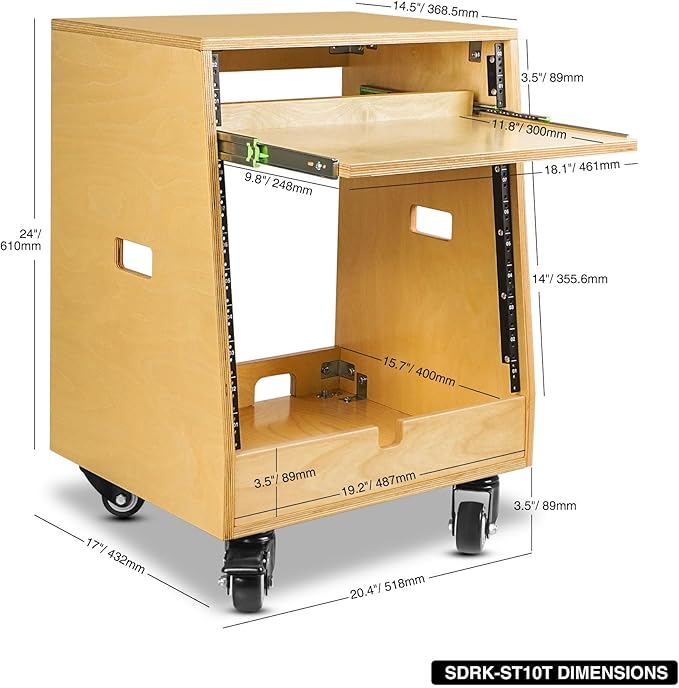 Sound Town DIY Slanted 10U Studio Rack (2U Top + 8U Lower), with 2U Bottom Storage, Slide-Out Tray, Caster, Plywood, Golden Oak For Recording Room, Home Studio (SDRK-ST10T)