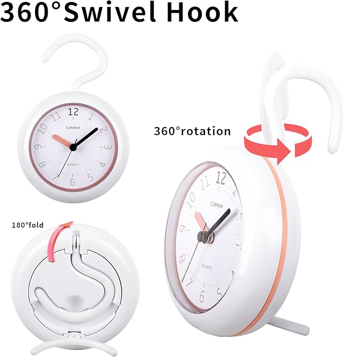 OSTAR Waterproof Bathroom Shower Clock, Analog Quartz Clock Hanging Stand Dual Purpose, One AA Battery Operated 4.72 inch Round Size