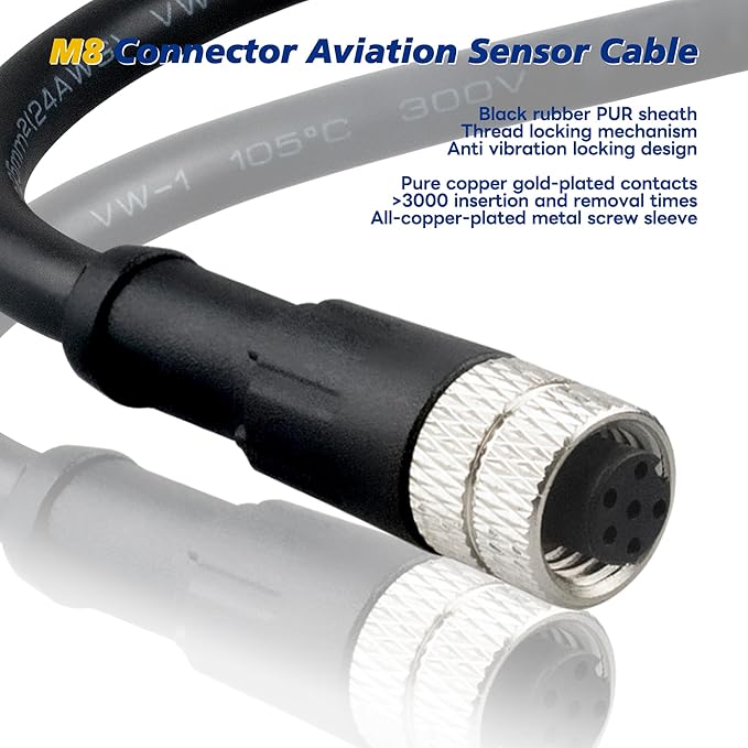 Lonlonty M8 Cable 6 Pin 6.5Ft/2M Female A Coding Circular Connector Cable Shielded IP67 Waterproof Single End Cable A Code