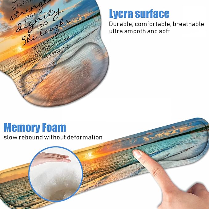 Keyboard Wrist Rest + Mouse Pad Wrist Support Set with Coasters, Non-Slip PU Base Ergonomic Mousepad for Home Office Working Studying Easy Typing & Pain Relief, Bible Verses Proverbs 31:25