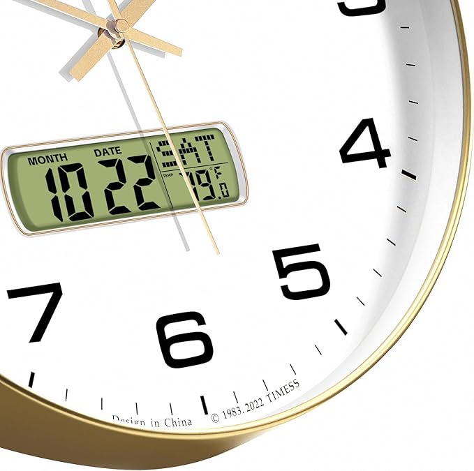TIMESS Wall Clock, 13" Dial Non-Ticking Silent Battery Operated Analog with LCD Display for Perpetual Calendar and F° Temperature, Ideal Modern Home, Bedroom, Kitchen, Office Decor (Gold)