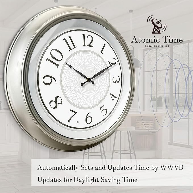 FOUNTAIN DESIGNS Galaxy 18" Large Luminous Atomic Clock with Night Light, Lighted Wall Clocks for Bedroom or Livng Room Decor,Morning Silver Finish,House Warming Gifts New Home