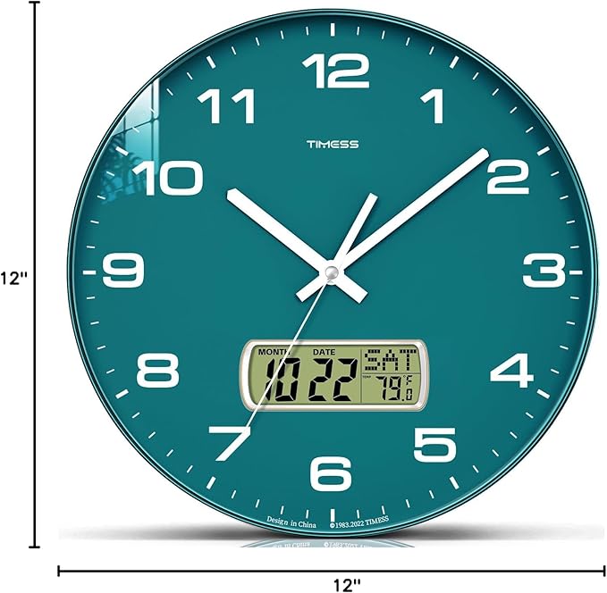 TIMESS Wall Clock, 12" Dial Non-Ticking Silent Battery Operated Analog with LCD Display for Perpetual Calendar and F° Temperature, Ideal Modern Home, Bedroom, Kitchen, Office Decor (Green)