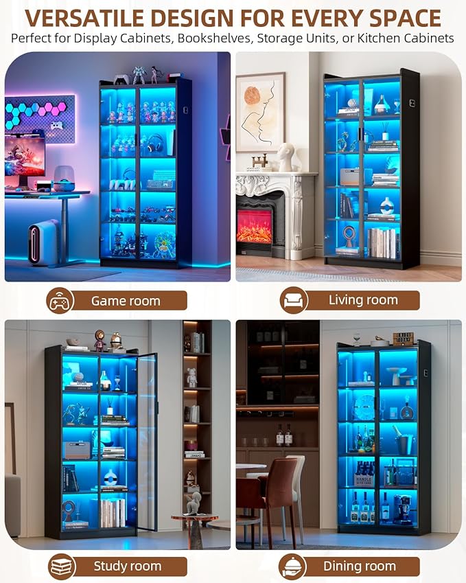 Dystler Display Cabinet with Glass Doors and Shelves, 65" Tall Curio Cabinet with LED Lights/Human Sensor, 5 Tier Display Case for Collectibles Bedroom Living Room Office, Black